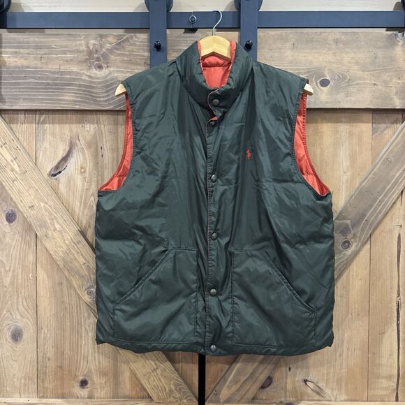 Polo Ralph Lauren Vintage Goose Down Reversible Puffer Vest Mens L Green Orange